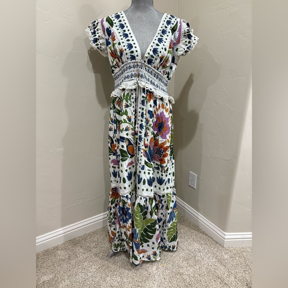Farm Rio Summer Garden Embroidered Smocked Maxi Dress Floral Cotton XL - Picture 4 of 11